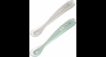 Béaba Siliconen Baby Lepeltjes - Kinderbestek - Eetlepel baby - Set van 2 - 4+ Maanden - Grijs/groen