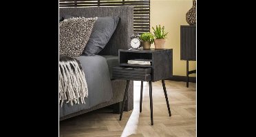 Nachtkastje Matheus Massief Zwart Mangohout met Lade en Open Vak - Bijzettafel - 35x35x60 cm - Stijlvol en Modern Design