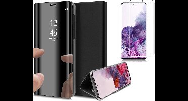 Hoesje geschikt voor Samsung Galaxy S20 - Screen Protector GlassGuard - Book Case Spiegel Zwart & Screenprotector