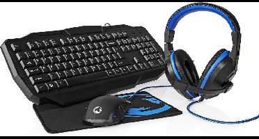 Nedis Gaming Combo Kit - 4-in-1 - Toetsenbord, Koptelefoon, Muis en Muismat - Blauw / Zwart - QWERTY - US Internationaal