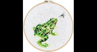 Pako Borduurpakket met telpatroon en code kaart - Kikker - 212.351 - voorgesorteerd garen - Aida - 22 cm rond - DIY kit