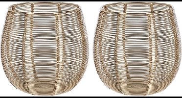 2x Theelichthouders/waxinelichthouders goud metaal draad 12 cm - Gouden metalen kaarsenhouders met draden- Woondecoraties