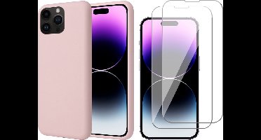 Hoesje geschikt voor iPhone 14 Pro - 2x Screen Protector GlassGuard - Back Cover Case SoftTouch Roze & Screenprotector