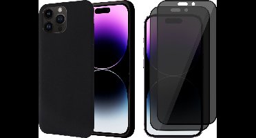 Hoesje geschikt voor iPhone 14 Pro Max - 2x Privacy Screen Protector FullGuard - Back Cover Case SoftTouch Zwart & Screenprotector