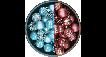 Decoris kerstballen - 74x st - oudroze en ijsblauw - 6 cm - kunststof