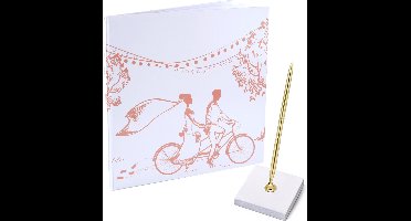 Gastenboek/receptieboek met luxe pen in houder - Bruiloft - goud/roze - 24 x 24 cm