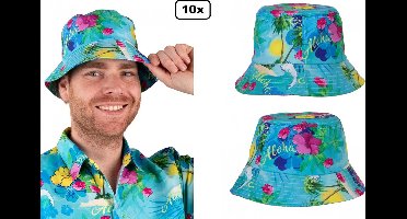 10x Vissers hoedje Hawaiiprint blauw - Hawai tropical festival thema feest zomer beach fun