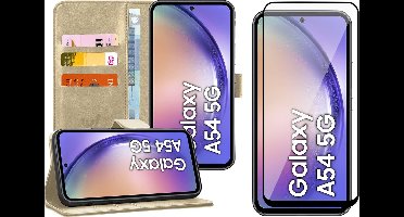 Hoesje geschikt voor Samsung Galaxy A54 - Screen Protector FullGuard - Book Case Kunstleer Pasjeshouder Goud & Screenprotector