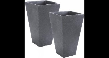 Hoge bloempot voor buiten - 2x stuks - kunststof - antraciet grijs - 24 x 24 x 35 cm - vierkant