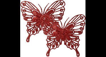 Decoris kerstboom decoratie vlinders op clip - 2x - rood - 13 cm