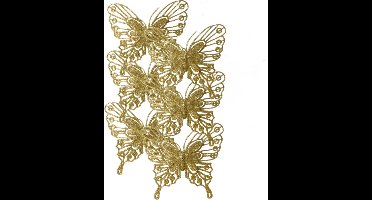 Decoris Kerstboom decoratie vlinders op clip - 6x - goud - 13 cm