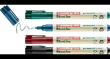 edding 25 Ecoline permanent marker - zwart, rood, blauw, groen - 4 stiften - ronde punt 1 mm - water en wrijfvast - voor karton, kunststof, hout, metaal, etc. - alcohol markers voor volwassenen