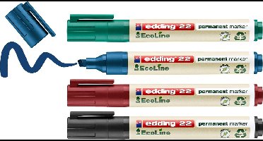 edding 22 Ecoline permanent marker - zwart, rood, blauw, groen - 4 stiften - beitelpunt 1-5 mm - water en wrijfvast - voor karton, kunststof, hout, metaal, etc. - alcohol markers voor volwassenen
