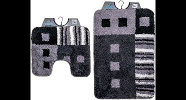 Wicotex - Badmat set met Toiletmat - WC mat met uitsparing modern Zwart Grijs Wit - Antislip onderkant
