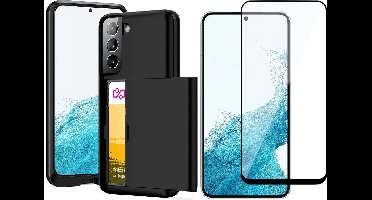 Hoesje met Pasjeshouder geschikt voor Samsung Galaxy S22 - Screen Protector FullGuard - Back Cover SlideCase Zwart & Screenprotector
