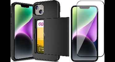 Hoesje met Pasjeshouder geschikt voor iPhone 14 Plus - Screen Protector FullGuard - Back Cover SlideCase Zwart & Screenprotector