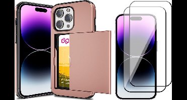 Hoesje met Pasjeshouder geschikt voor iPhone 13 Pro Max - 2x Screen Protector FullGuard - Back Cover SlideCase Roségoud & Screenprotector
