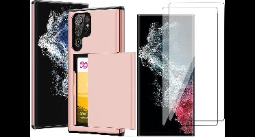 Hoesje met Pasjeshouder geschikt voor Samsung Galaxy S22 Ultra - 2x Screen Protector FullGuard - Back Cover SlideCase Roségoud & Screenprotector