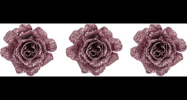 Kerstboomversiering Bloemen - 6x - 10 cm - roze glitter - op clip - ornament