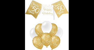 Paperdreams Luxe 50 jaar/Happy Birthday feestversiering set - Ballonnen & vlaggenlijnen - wit/goud