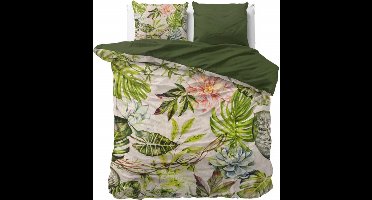 Lits-jumeaux dekbedovertrek (dekbed hoes) crème / ecru / beige met groene botanische bloemen (waterlelies), planten en natuur jungle bladeren KATOENSATIJN 240 x 220 cm TOP kwaliteit (luxe slaapkamer beddengoed, cadeau idee voor Kerstmis!)