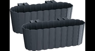 Plantenbak/bloembak met haken - 2x - antraciet grijs - 38 cm - kunststof - rechthoekige - voor balkon