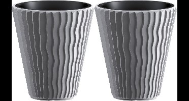 Prosperplast Plantenpot/bloempot Sand Waves - 2x - buiten/binnen - kunststof - steengrijs - D35 x H38 cm - met binnenpot