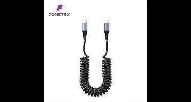 FoneTex USB C naar USB C Krulsnoer Kabel - Tot 2 Meter Uitrekbaar - Uitrekbare Oplader - Geschikt voor Samsung Carplay, Samsung - Oplaadkabel