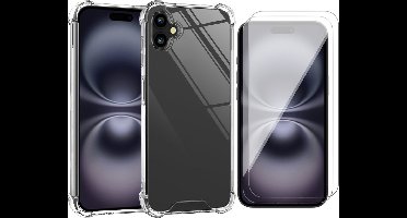 Hoesje geschikt voor iPhone 16 - 2x Screenprotector Glas - Shockproof Transparant met Extra Hoekbescherming