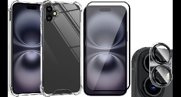 Hoesje geschikt voor iPhone 16 Plus - Screenprotector Volledig Dekkend Glas & Camera - Shockproof Transparant met Extra Hoekbescherming