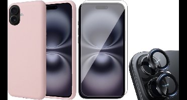 Hoesje geschikt voor iPhone 16 Plus - Screenprotector Glas & Camera Protector - Matte Case Roze met Fluweelzachte Binnenzijde