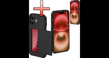Hoes Geschikt voor iPhone 16 Plus Hoesje Pasjeshouder Hard Cover Met Screenprotector Shock Proof Hard Case Hoes Met Kaarthouder - Zwart