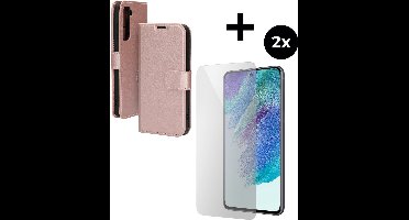 Mobiparts Classic Wallet hoesje geschikt voor Samsung Galaxy S21 FE 5G met 2 Screenprotectors van Gehard Glas - Roze