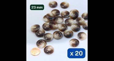 20 Stuks Dikke Blinkende POLYESTER KNOPEN, Maat 23MM, 4 Gaatjes, MADE IN ITALY, Kleur BRUIN/BEIGE