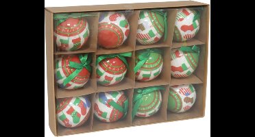 Gerimport Gedecoreerde kerstballen - 12x stuks - 7,5 cm - rood/groen/wit - kunststof