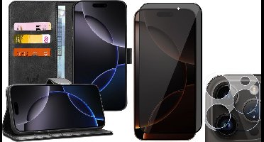 Hoesje geschikt voor iPhone 16 Pro Max - Privacy Screenprotector Volledig Dekkend Glas & Camera - Portemonnee Book Case Zwart