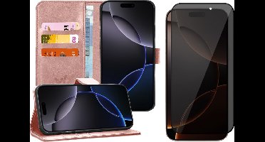 Hoesje geschikt voor iPhone 16 Pro Max - Privacy Screenprotector Volledig Dekkend Glas - Portemonnee Book Case Rosegoud