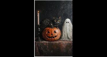Poster 20x30 cm - Halloween - Pompoen - Spook - Zwarte kat - Stilleven - Posters - Kamer decoratie - Wanddecoratie woonkamer - Muurdecoratie slaapkamer