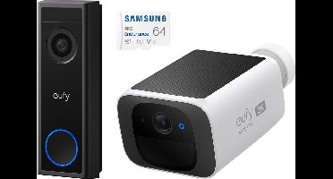 eufy C30 2K Draadloze Video Deurbel 2K FHD - Accu Zwart + SAMSUNG MicroSDXC 64GB PRO + Eufy S220 SoloCam 2K Draadloze Solar Beveiligingscamera - Bundel