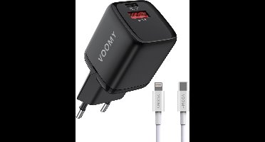 Voomy Snellader 33W + Lightning Kabel - USB C & USB A - Oplader geschikt voor Smartphones & Tablets - Adapter Universeel - Zwart