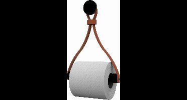 Leren toiletrolhouder 'Triangle' - met Zuignap én schroef - Handles and more® | COGNAC - roldrager: Zwart rondhout - knop: Zwart