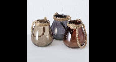 Windlicht - 3 set - Glas - Beige - Grijs - Bruin - Handmade - Ø14cm - Hoog 16cm - Jute