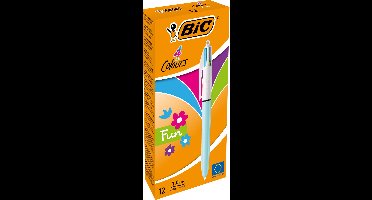 BIC 4 Kleuren Fun Uitschuifbare Balpennen - Roze Paarse Turquoise en Limoengroene Inkt - Hemelsblauw Omhulsel - Doos van 12 Stuks