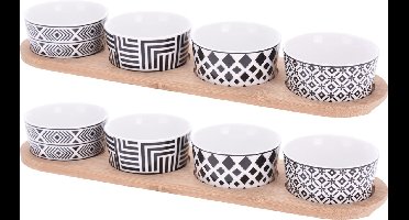 Set van 2x stuks serveerplank bamboe 38 x 10 cm met 4x luxe hapjes/saus/tapas porselein schaaltjes