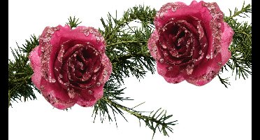 Kerstboomversiering Bloem - 2x - 15 cm - roze - glitter - op clip - ornament - kerst - kerstster