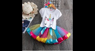 Gekleurde meisje tutu rok - tule meisjes rok en  eenhoorn t-shirt - Happy kleuren meisjes rok - maat 128/134 L - meisjes rok 8 - 9 jaar
