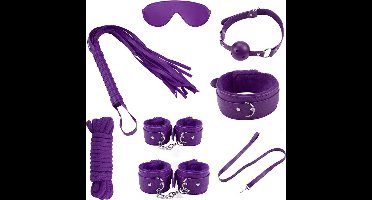 BDSM - Starters kit - Bondage set - Handboeien - Oogmasker - Enkelboeien - Gagball - Zweep - Hogtie - Paars