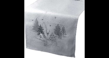 Tafelloper - Kerst - Grijs met rendieren, kerstbomen en zilverdraad - herten - Loper 45 x 150 cm