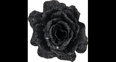 Kerstboom bloemen op clip - 2x stuks - zwart glitter - 10 cm