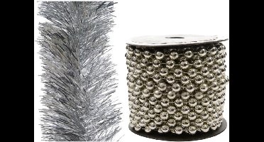 Kralenslinger 10 m met folie slinger 2,7 m - zilver - kerstslingers